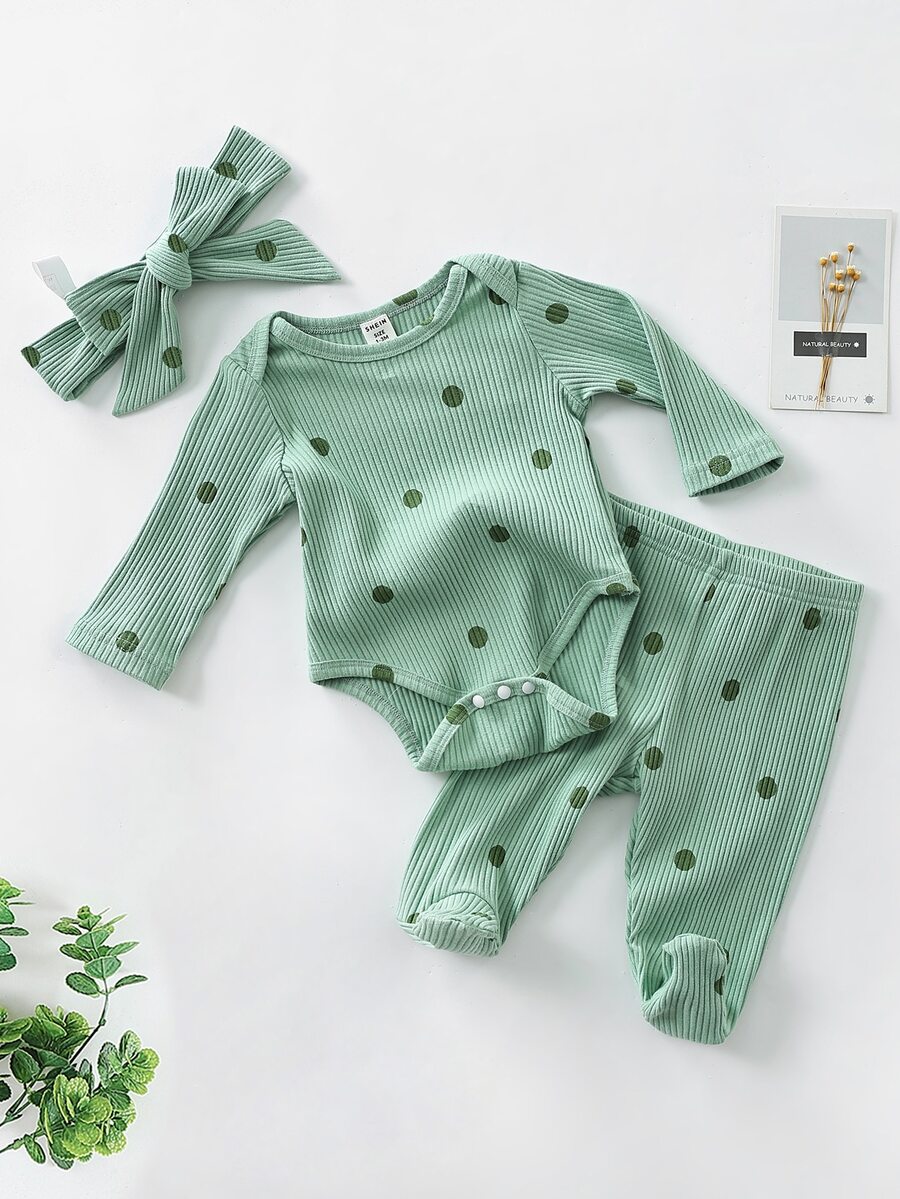 Baby Girl Polka Dot Print Sleep Bodysuit & Footed Sleep Pants & Headband Autumn Fall - Green - View 1