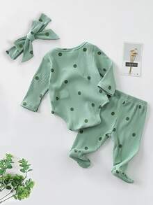 Baby Girl Polka Dot Print Sleep Bodysuit & Footed Sleep Pants & Headband Autumn Fall - Green - View 2