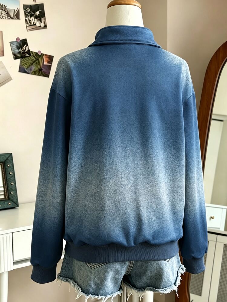 SHEIN Sparklyn Teen Girls Fashion Letter Print Zip-Up Ribbed Long Sleeve Sweatshirt Casual Streetwear Baggy Cruise Party Blue Autumn - Green - View 2