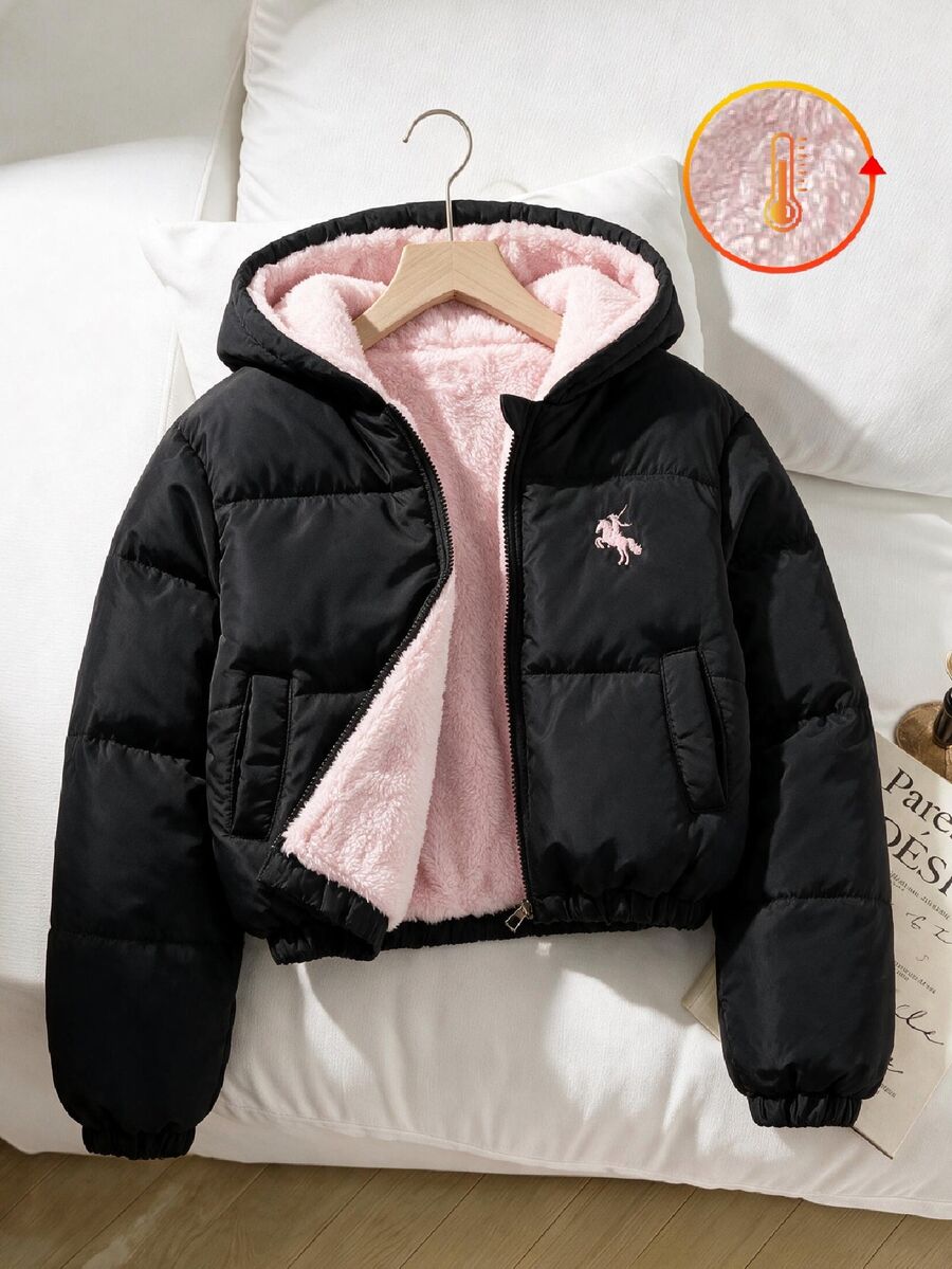 SHEIN 青少年女孩冬季羽絨外套連帽加厚夾棉抓絨內裡校園學生款黑色拼粉色可愛日系酷女孩風