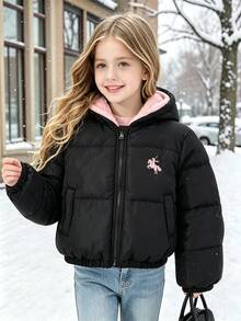 SHEIN 青少年女孩冬季羽絨外套連帽加厚夾棉抓絨內裡校園學生款黑色拼粉色可愛日系酷女孩風 - 彩色 - 查看 5