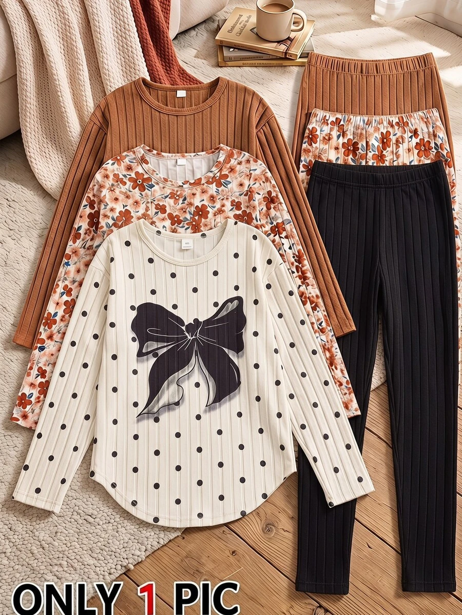 SHEIN Elladie kids 女童甜美復古可愛休閒套裝 米色與黑色蝴蝶結印花圓領曲擺長袖上衣 + 鬆緊腰針織長褲套裝