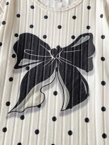 SHEIN Elladie kids 女童甜美復古可愛休閒套裝 米色與黑色蝴蝶結印花圓領曲擺長袖上衣 + 鬆緊腰針織長褲套裝 - 黑色 - 查看 4