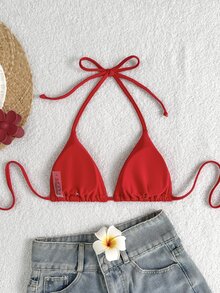 Elavelle Women's Solid Color Halter Tie Sexy Bikini Top, Summer Beach - Red - View 6