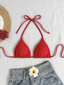 Elavelle Women's Solid Color Halter Tie Sexy Bikini Top, Summer Beach - Red - View 8
