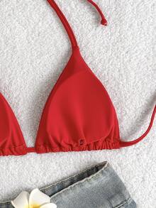 Elavelle Women's Solid Color Halter Tie Sexy Bikini Top, Summer Beach - Red - View 9