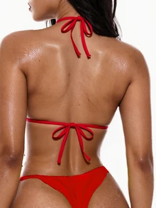 Elavelle Women's Solid Color Halter Tie Sexy Bikini Top, Summer Beach - Red - View 3