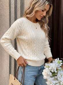 SHEIN PariChic Cold Shoulder Cable Knit Pullover Sweater, Autumn/Winter Brunch City Break White Casual Brunch Everyday Home - White - View 7