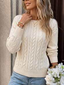 SHEIN PariChic Cold Shoulder Cable Knit Pullover Sweater, Autumn/Winter Brunch City Break White Casual Brunch Everyday Home - White - View 6