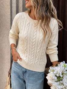SHEIN PariChic Cold Shoulder Cable Knit Pullover Sweater, Autumn/Winter Brunch City Break White Casual Brunch Everyday Home - White - View 2