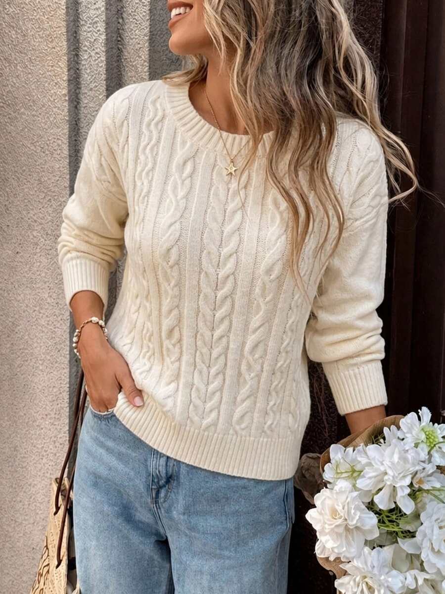 SHEIN PariChic Cold Shoulder Cable Knit Pullover Sweater, Autumn/Winter Brunch City Break White Casual Brunch Everyday Home
