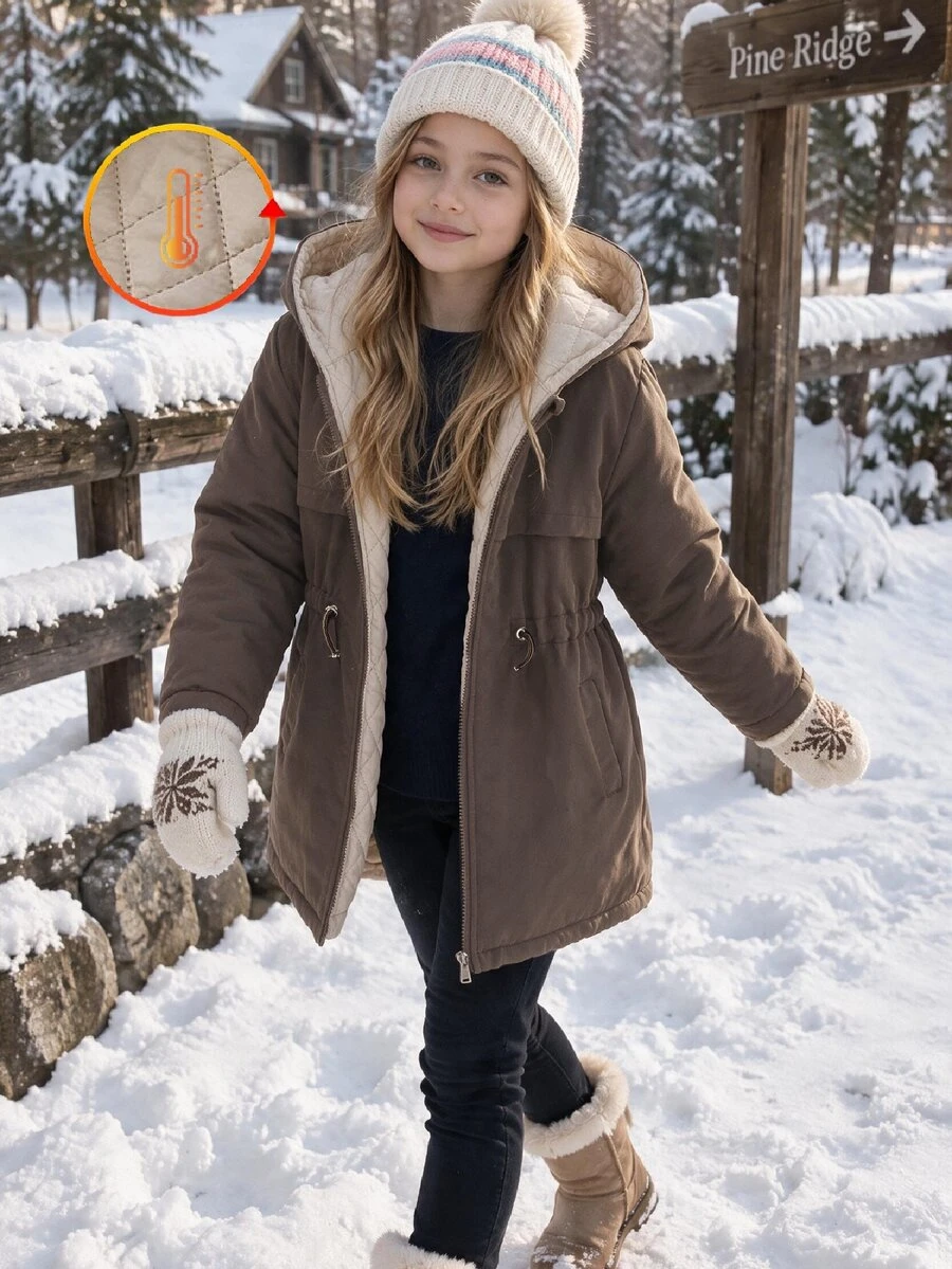 SHEIN Tween Girls Winter Coats School Off Campus Shades Of Brown Modest Graphic - Multicolor - View 1