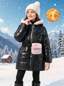 SHEIN 女童休閒百搭連帽加厚填充外套，附彈性腰帶與魔鬼氈毛絨口袋，適合秋冬戶外、上學、通勤、旅行、散步、購物，可搭配長袖上衣、毛衣、長褲、運動褲 - 黑色 - 查看 1