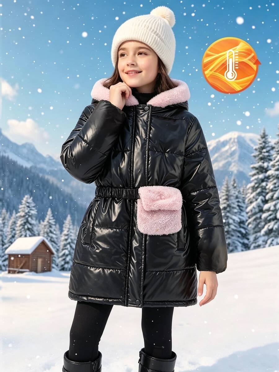 SHEIN 女童休閒百搭連帽加厚填充外套,附彈性腰帶與魔鬼氈毛絨口袋,適合秋冬戶外、上學、通勤、旅行、散步、購物,可搭配長袖上衣、毛衣、長褲、運動褲 - 黑色 - 查看 1