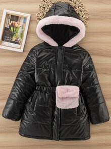 SHEIN 女童休閒百搭連帽加厚填充外套，附彈性腰帶與魔鬼氈毛絨口袋，適合秋冬戶外、上學、通勤、旅行、散步、購物，可搭配長袖上衣、毛衣、長褲、運動褲 - 黑色 - 查看 6