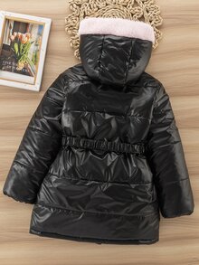 SHEIN 女童休閒百搭連帽加厚填充外套，附彈性腰帶與魔鬼氈毛絨口袋，適合秋冬戶外、上學、通勤、旅行、散步、購物，可搭配長袖上衣、毛衣、長褲、運動褲 - 黑色 - 查看 2