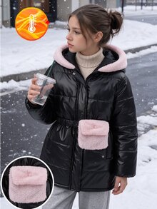 SHEIN 女童休閒百搭連帽加厚填充外套，附彈性腰帶與魔鬼氈毛絨口袋，適合秋冬戶外、上學、通勤、旅行、散步、購物，可搭配長袖上衣、毛衣、長褲、運動褲 - 黑色 - 查看 5