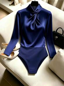 QUELARIE New High Neck Twisted Design Satin Women's Bodysuit - Navy Blue - View 1
