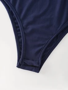 QUELARIE New High Neck Twisted Design Satin Women's Bodysuit - Navy Blue - View 7
