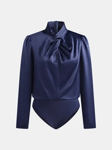 QUELARIE New High Neck Twisted Design Satin Women's Bodysuit - Navy Blue - View 2