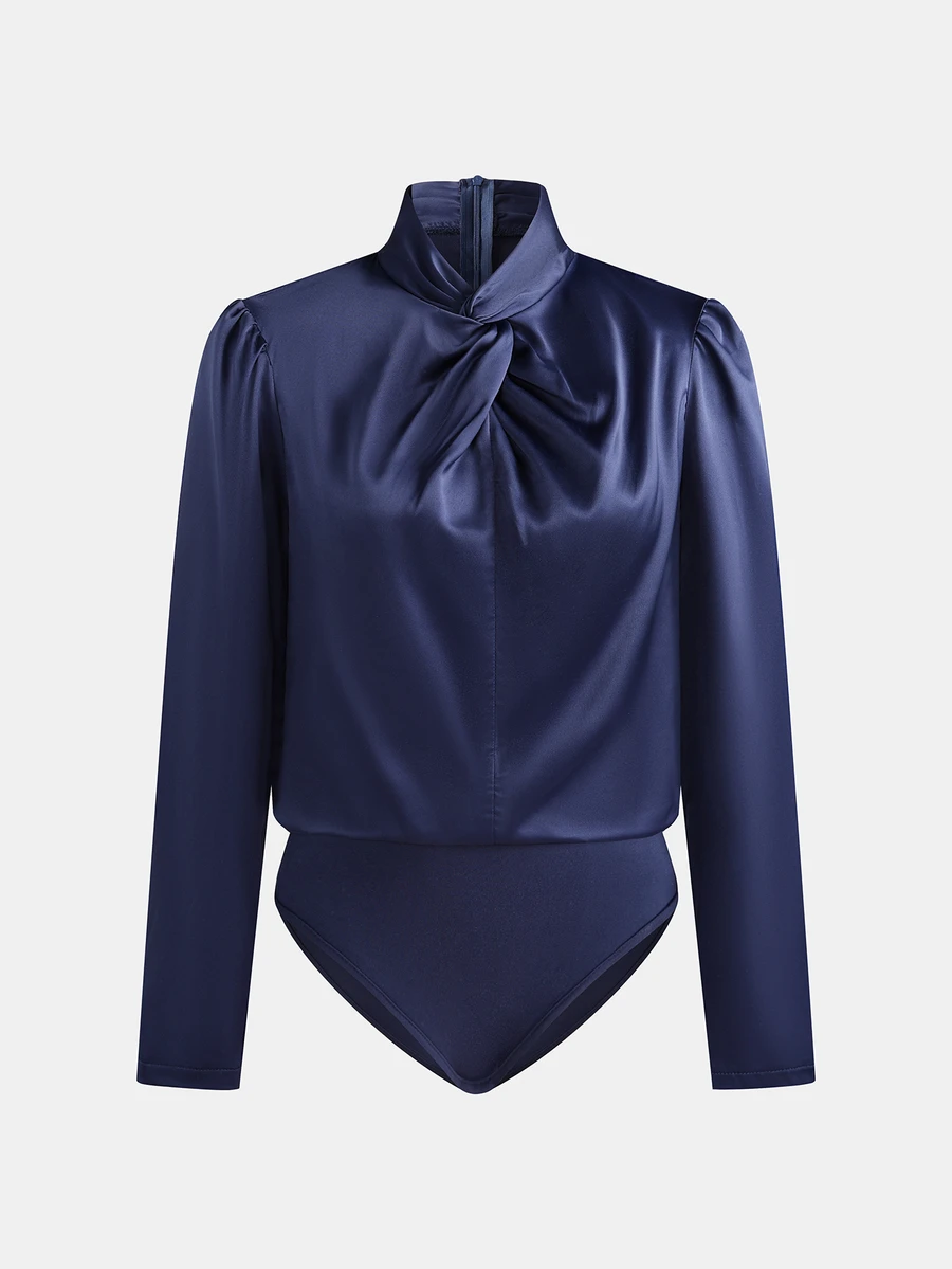 QUELARIE New High Neck Twisted Design Satin Women's Bodysuit - Navy Blue - View 1
