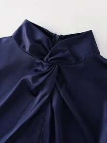 QUELARIE New High Neck Twisted Design Satin Women's Bodysuit - Navy Blue - View 5