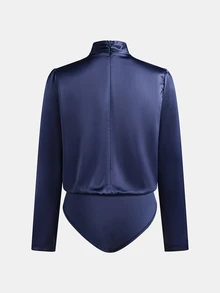 QUELARIE New High Neck Twisted Design Satin Women's Bodysuit - Navy Blue - View 4