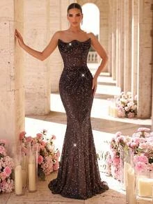 Glamrae Elegant Luxurious Coffee Brown Elastic Sequin Lace Strapless Mermaid Dress With Ruched Details, Suitable For Wedding, Party, Bachelorette, Vacation, Ball, Evening Gala (Heavy Embellished Style) - Coffee Brown - View 5