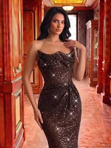 Glamrae Elegant Luxurious Coffee Brown Elastic Sequin Lace Strapless Mermaid Dress With Ruched Details, Suitable For Wedding, Party, Bachelorette, Vacation, Ball, Evening Gala (Heavy Embellished Style) - Coffee Brown - View 9