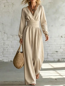 SHEIN Women's Elegant Casual Vintage Chic Beige Linen-Like Jumpsuit Deep V Wrap Neck Puff Long Sleeve Ruched Wide Leg Side Pockets Retro Fall Vacation - Apricot - View 9