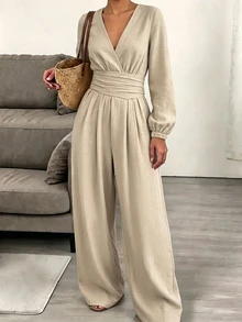 SHEIN Women's Elegant Casual Vintage Chic Beige Linen-Like Jumpsuit Deep V Wrap Neck Puff Long Sleeve Ruched Wide Leg Side Pockets Retro Fall Vacation - Apricot - View 7