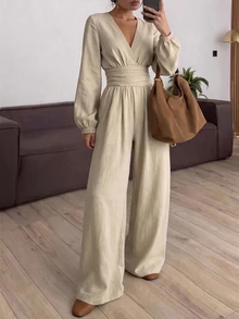 SHEIN Women's Elegant Casual Vintage Chic Beige Linen-Like Jumpsuit Deep V Wrap Neck Puff Long Sleeve Ruched Wide Leg Side Pockets Retro Fall Vacation - Apricot - View 5
