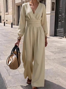 SHEIN Women's Elegant Casual Vintage Chic Beige Linen-Like Jumpsuit Deep V Wrap Neck Puff Long Sleeve Ruched Wide Leg Side Pockets Retro Fall Vacation - Apricot - View 6