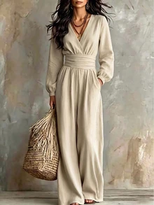 SHEIN Women's Elegant Casual Vintage Chic Beige Linen-Like Jumpsuit Deep V Wrap Neck Puff Long Sleeve Ruched Wide Leg Side Pockets Retro Fall Vacation - Apricot - View 4