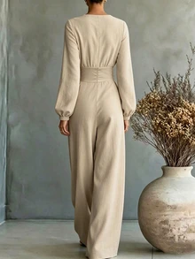 SHEIN Women's Elegant Casual Vintage Chic Beige Linen-Like Jumpsuit Deep V Wrap Neck Puff Long Sleeve Ruched Wide Leg Side Pockets Retro Fall Vacation - Apricot - View 3