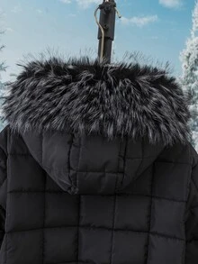 SHEIN 青少年女款黑色街頭風寬鬆連帽填充外套，毛領、格紋刺繡袖口與下擺，適合外出，冬季衣物 - 彩色 - 查看 7