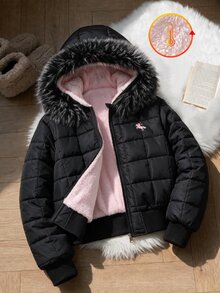 SHEIN 青少年女款黑色街頭風寬鬆連帽填充外套，毛領、格紋刺繡袖口與下擺，適合外出，冬季衣物 - 彩色 - 查看 1