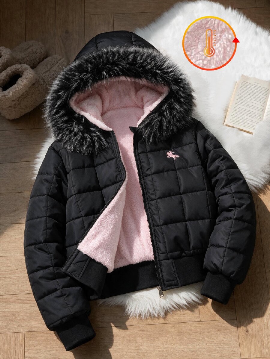 SHEIN 青少年女款黑色街頭風寬鬆連帽填充外套,毛領、格紋刺繡袖口與下擺,適合外出,冬季衣物 - 彩色 - 查看 1