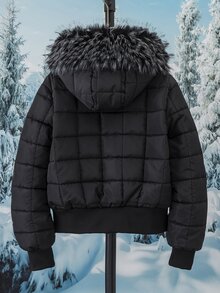 SHEIN 青少年女款黑色街頭風寬鬆連帽填充外套，毛領、格紋刺繡袖口與下擺，適合外出，冬季衣物 - 彩色 - 查看 5