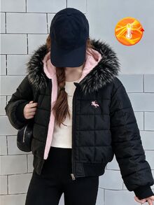 SHEIN 青少年女款黑色街頭風寬鬆連帽填充外套，毛領、格紋刺繡袖口與下擺，適合外出，冬季衣物 - 彩色 - 查看 3