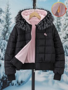 SHEIN 青少年女款黑色街頭風寬鬆連帽填充外套，毛領、格紋刺繡袖口與下擺，適合外出，冬季衣物 - 彩色 - 查看 4