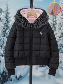 SHEIN 青少年女款黑色街頭風寬鬆連帽填充外套，毛領、格紋刺繡袖口與下擺，適合外出，冬季衣物 - 彩色 - 查看 6