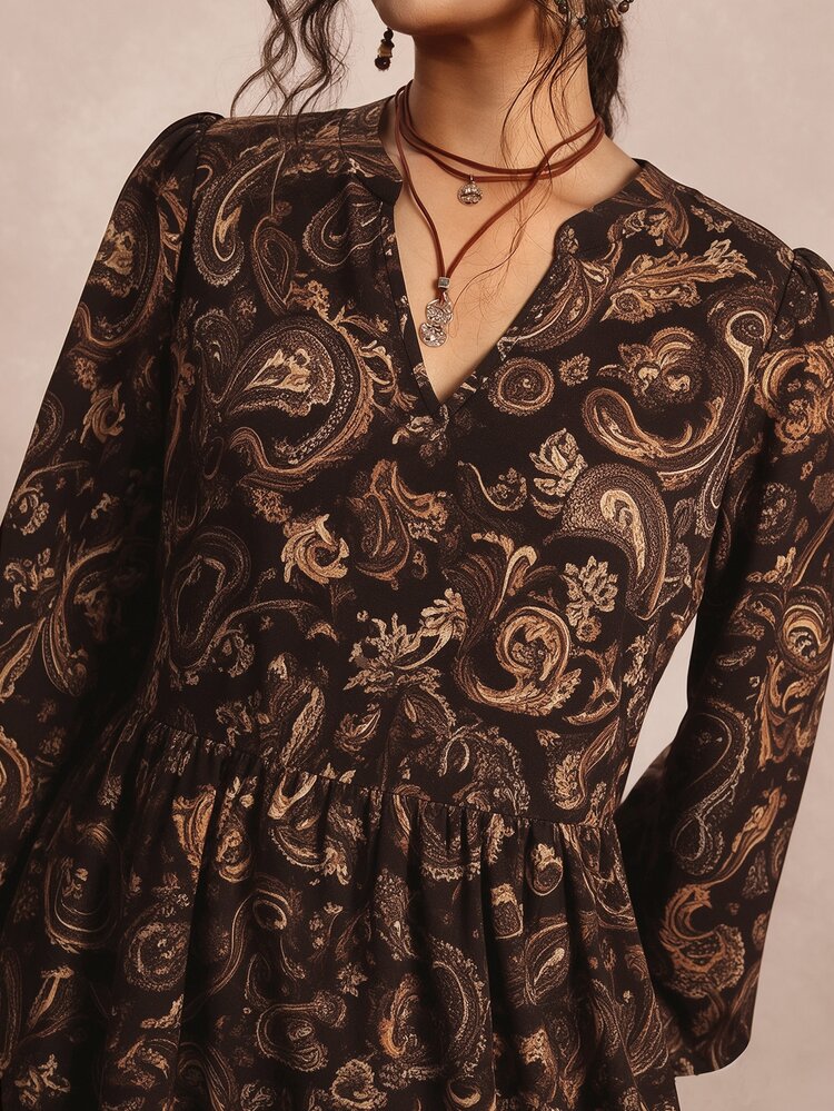 Freevana Gaun Panjang Wanita Ukuran Besar dengan Leher V Berlekuk dan Lengan Lentera Panjang, Motif Paisley; Gaya Kasual/Sehari-hari yang Elegan, Boho, Mode Musim Gugur/Dingin - MultiWarna - View 4
