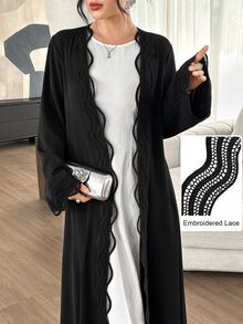 Al Najma Spring Autumn Winter Fashion Elegant Versatile Elegant Solid Color Wavy Hollow Lace Trim Open Front Women's Cardigan - Black - View 9
