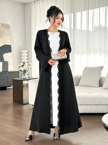 Al Najma Spring Autumn Winter Fashion Elegant Versatile Elegant Solid Color Wavy Hollow Lace Trim Open Front Women's Cardigan - Black - View 4