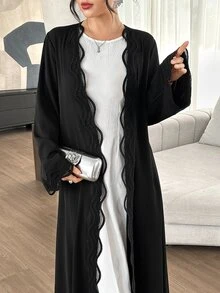 Al Najma Spring Autumn Winter Fashion Elegant Versatile Elegant Solid Color Wavy Hollow Lace Trim Open Front Women's Cardigan - Black - View 5
