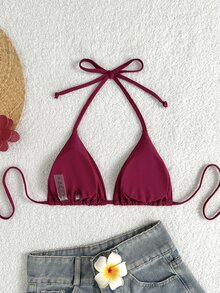 Swim Basics Summer Beach Halter Triangle Bikini Top - Red Violet - View 3