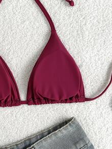Swim Basics Summer Beach Halter Triangle Bikini Top - Red Violet - View 7