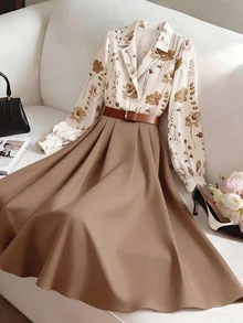 GlowEve Women's Floral Print A-Line Midi Dress,Spring AndSummer,Elegant, Office Commute Casual Fashion Date,Dress Only - Brown - View 3