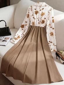 GlowEve Women's Floral Print A-Line Midi Dress,Spring AndSummer,Elegant, Office Commute Casual Fashion Date,Dress Only - Brown - View 2